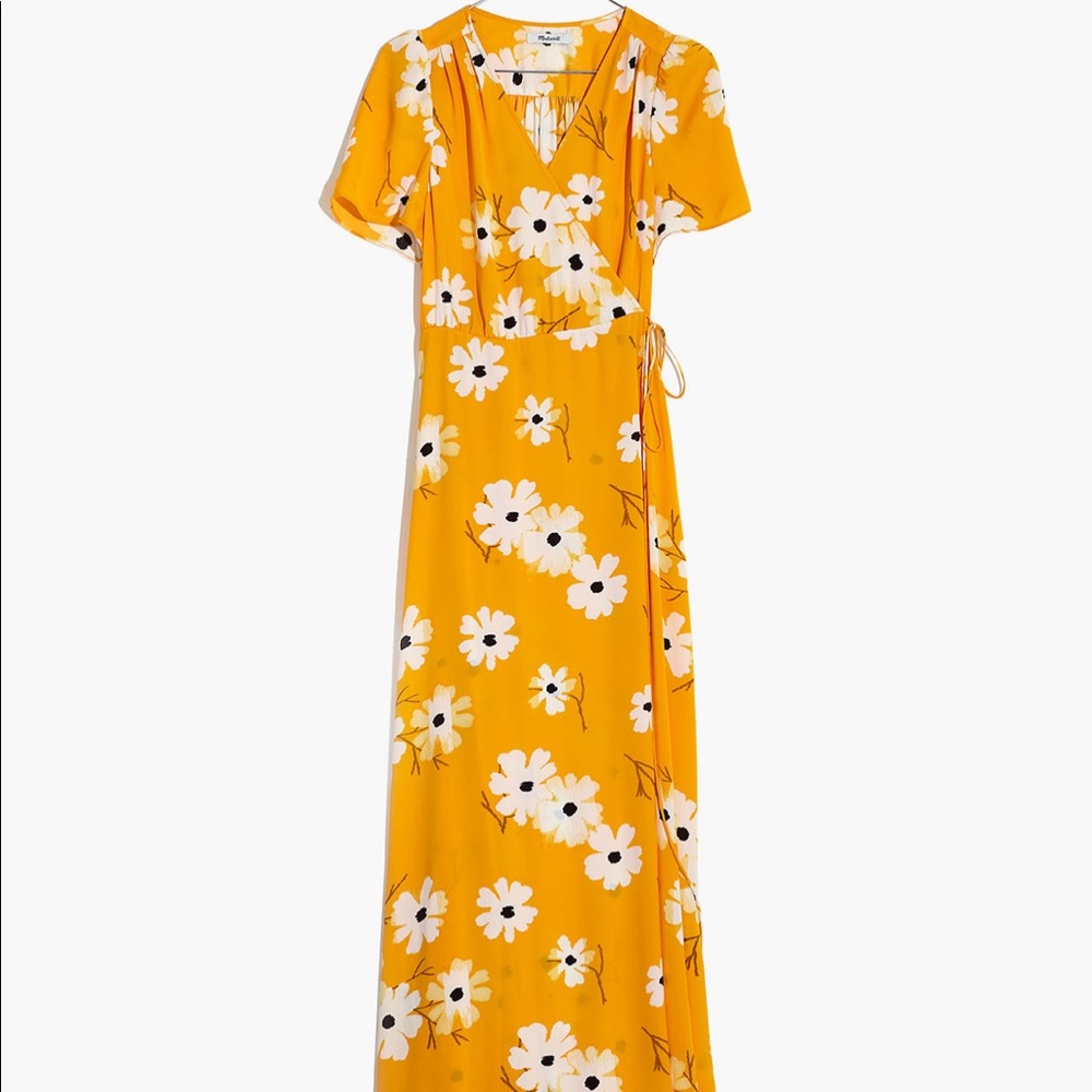 Madewell puff sleeve wrap midi dress in yellow floral